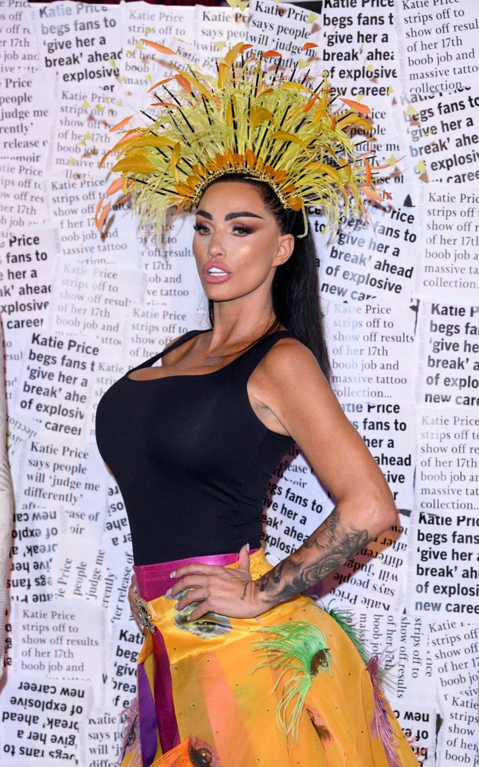 Wearing a fancy skirt and headpiece, Katie Price stands in front of a display of newspaper clippings about herself