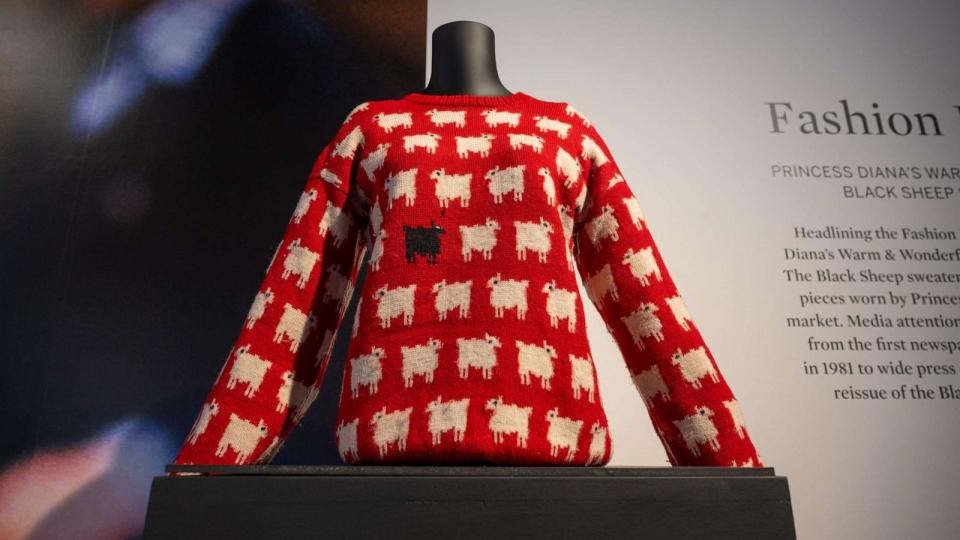 PHOTO: Princess Diana's Black Sheep Sweater is on display on the first day it is in New York at Sotheby's, Sept. 7, 2023, in New York. (Alexi Rosenfeld/Getty Images)