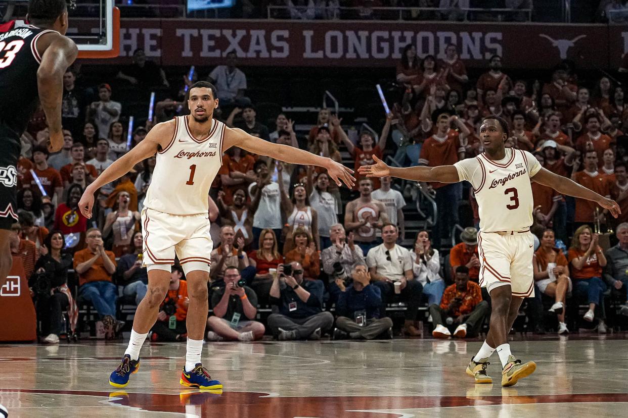 Dylan Disu, left, and Max Abmas led Texas in scoring in 13 of its 18 Big 12 games this season. The Horns went 10-3 in those games. They meet Kansas State in the conference tourney opener Wednesday in Kansas City, Mo.