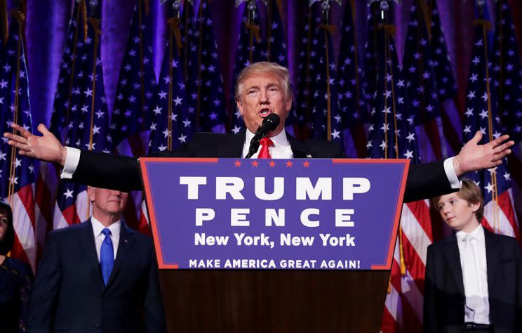 Donald Trump delivers his acceptance speech after winning the presidency at his election night event in New York City. (Photo: Chip Somodevilla/Getty Images)