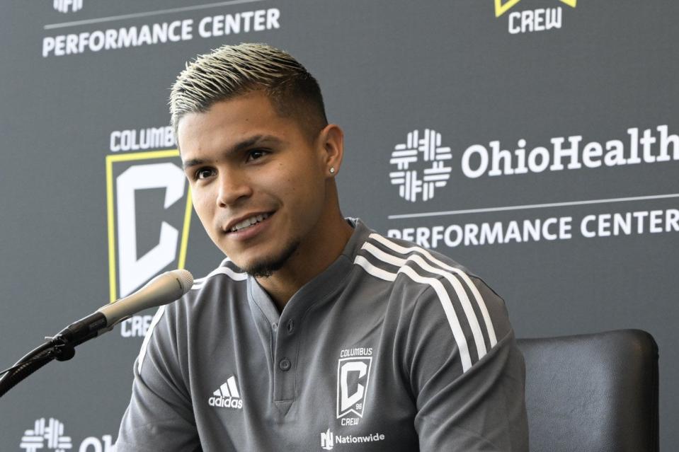 Jul 1, 2022; Columbus, OH, USA; New Columbus Crew player Juan Camilo “Cucho” Hernandez Suárez answers questions during a press conference at OhioHealth Performance Center. Mandatory Credit: Gaelen Morse-The Columbus Dispatch