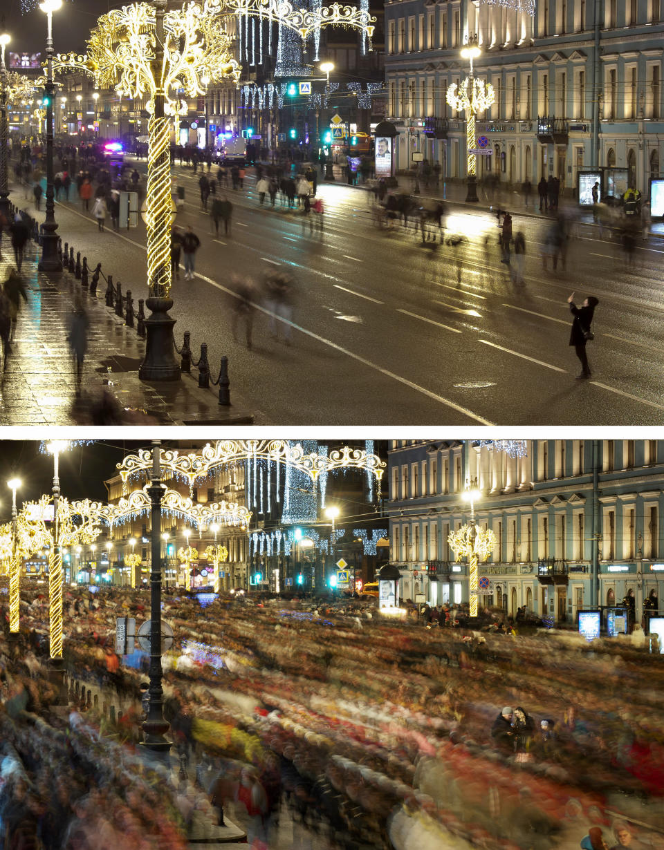 This combo of images shows at top, a few people walking along Nevsky prospect, central avenue, during New Year celebration in downtown St. Petersburg, Russia, Friday, Jan. 1, 2021, and below, a file photo of the same location packed with people on Wednesday, Jan. 1, 2020. As the world says goodbye to 2020, there will be countdowns and live performances, but no massed jubilant crowds in traditional gathering spots like the Champs Elysees in Paris and New York City's Times Square this New Year's Eve. The virus that ruined 2020 has led to cancelations of most fireworks displays and public events in favor of made-for-TV-only moments in party spots like London and Rio de Janeiro. (AP Photo/Dmitri Lovetsky)