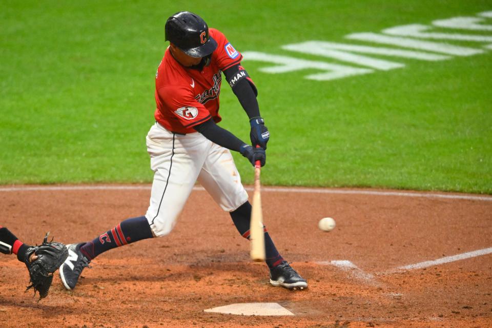 Guardians center fielder Tyler Freeman hits an RBI single in the seventh inning against the Boston Red Sox, April 23, 2024, in Cleveland.