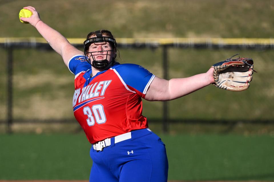 Owen Valley’s Abby McDonald (30) pitches during the softball game at Bloomington South on Wednesday, March 27, 2024.