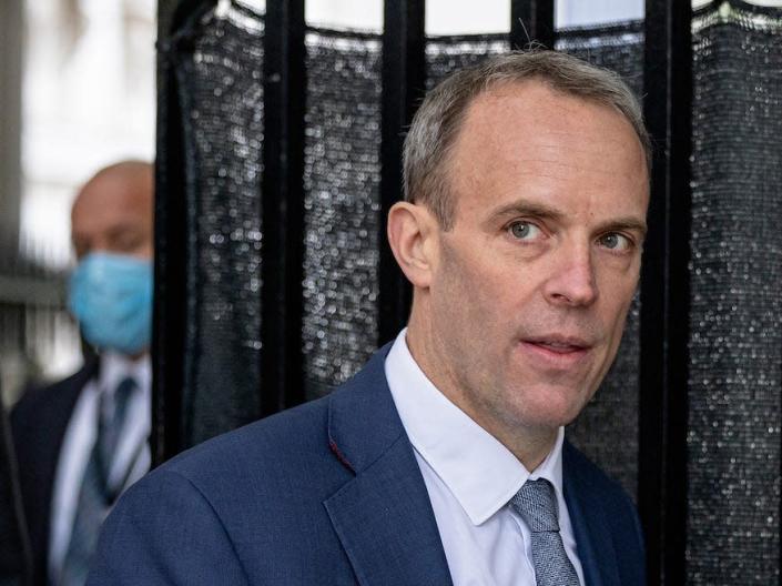 Dominic Raab, Secretary of State for Foreign, Commonwealth and Development Affairs walks through the gates of Downing Street on May 27, 2021 in London, England. (Photo by Rob Pinney/Getty Images)