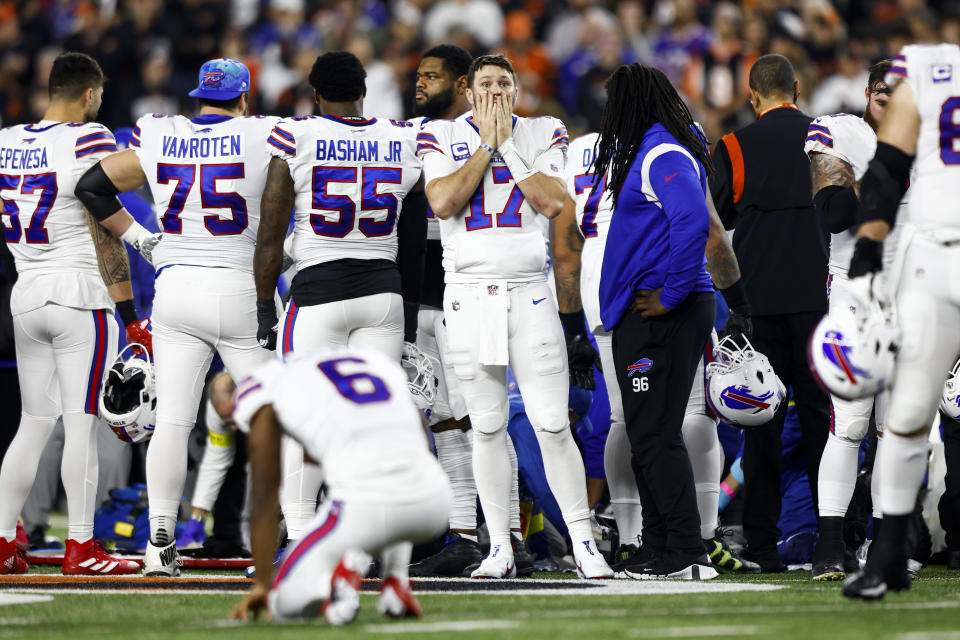 The Buffalo Bills react to Damar Hamlin’s injury during a ‘Monday Night Football’ game against the Cincinnati Bengals in January 2023