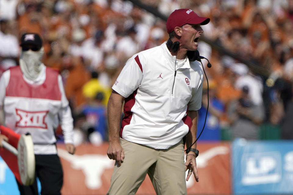 Oklahoma head coach Brent Venables yells during the first half of an NCAA college football game against the Texas at the Cotton Bowl in Dallas, Saturday, Oct. 8, 2022. (AP Photo/LM Otero)