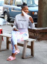 <p>Keke Palmer grabs some coffee in Brooklyn, New York, on Wednesday while wearing her fokk sugar sweatshirt by siggi's yogurt.</p>