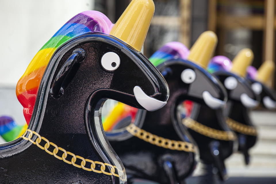 “Funtime Unicorns,” installed at Rockefeller Center in collaboration with Art Production Fund. - Credit: Photo by Emil Horowitz / courtesy of Derrick Adams Edition & Art Production Fund