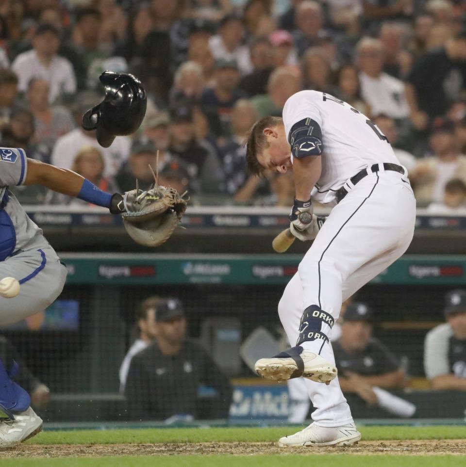 Detroit Tigers first baseman Spencer Torkelson (20) is hit by  Kansas City Royals starting pitcher Brad Keller (56) during seventh-inning action at Comerica Park on Friday, July 1, 2022.