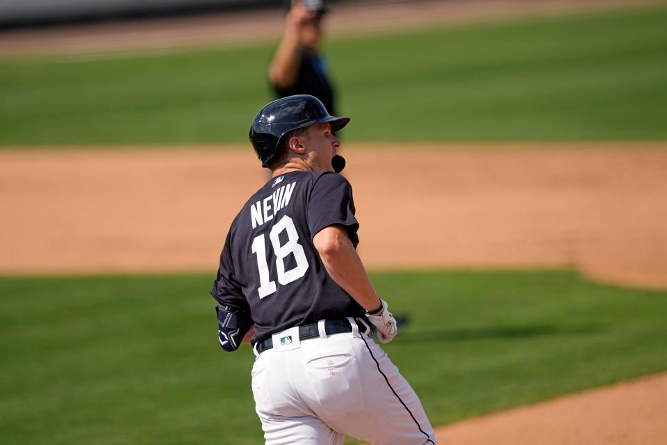 Detroit Tigers' Tyler Nevin celebrates after hitting a three-run home run against the Baltimore Orioles during the fifth inning of a spring training baseball game Thursday, March 2, 2023, in Lakeland, Fla.