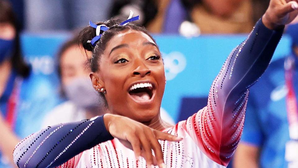 Simone Biles (pictured) celebrating after the women's beam at the Tokyo Olympics.