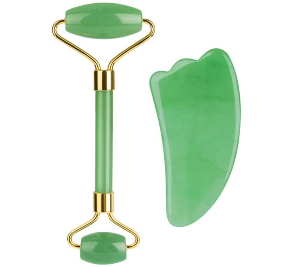 A jad Gua Sha massage tool and roller