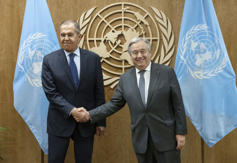 In this photo provided by the United Nations, Sergey V. Lavrov, left, Minister for Foreign Affairs of the Russian Federation, shakes hands with U.N. Secretary General Antonio Guterres at United Nations headquarters during the 74th session of the U.N. General Assembly, Wednesday, Sept. 25, 2019. (Evan Schneider/The United Nations via AP)