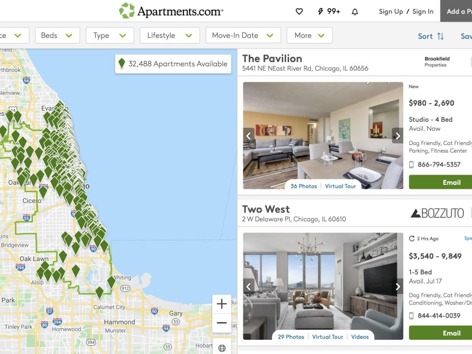 Listings on Apartmens.com in Chicago with map