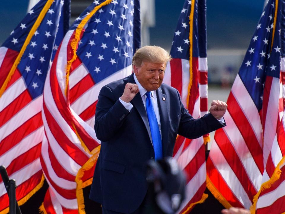 Trump addresses a crowd at a rally at the Pitt-Greenville airport, North Carolina on 15 OctoberGetty Images