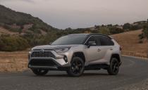 <p>Available only as a hybrid, the XSE is the sportiest RAV4 trim level. Along with stiffer suspension tuning, it also has black exterior accents, a black roof, black wheels, and blue trim for the interior.</p>
