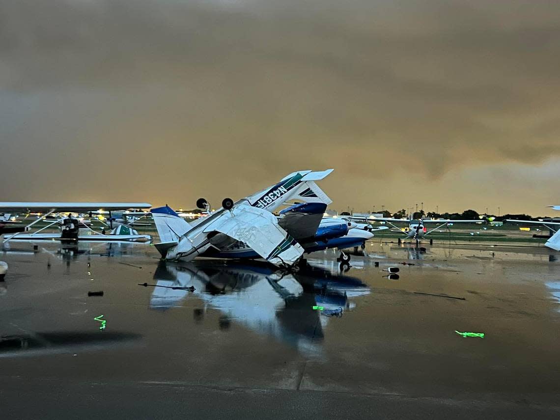 Several airplanes at the North Perry Airport flipped and broke after a tornado swooped nearby ahead of Hurricane Ian’s landfall on Tuesday, Sept. 27, 2022.
