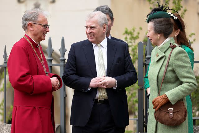 <p>Hollie Adams - WPA Pool/Getty</p> Prince Andrew and Princess Anne leave the Easter Matins Service at St. George's Chapel, Windsor Castle, on March 31, 2024.