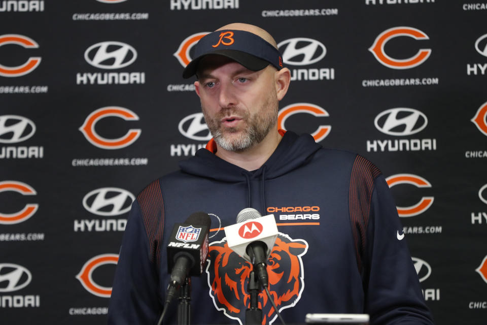 FILE - Chicago Bears head coach Matt Nagy speaks during a news conference after an NFL football game against the Minnesota Vikings, Sunday, Jan. 9, 2022, in Minneapolis. The Vikings won 31-17. The Chicago Bears decided to make sweeping changes and fired general manager Ryan Pace and coach Matt Nagy on Monday, hoping new leadership in the front office and on the sideline will lift a struggling franchise. (AP Photo/Bruce Kluckhohn, File)