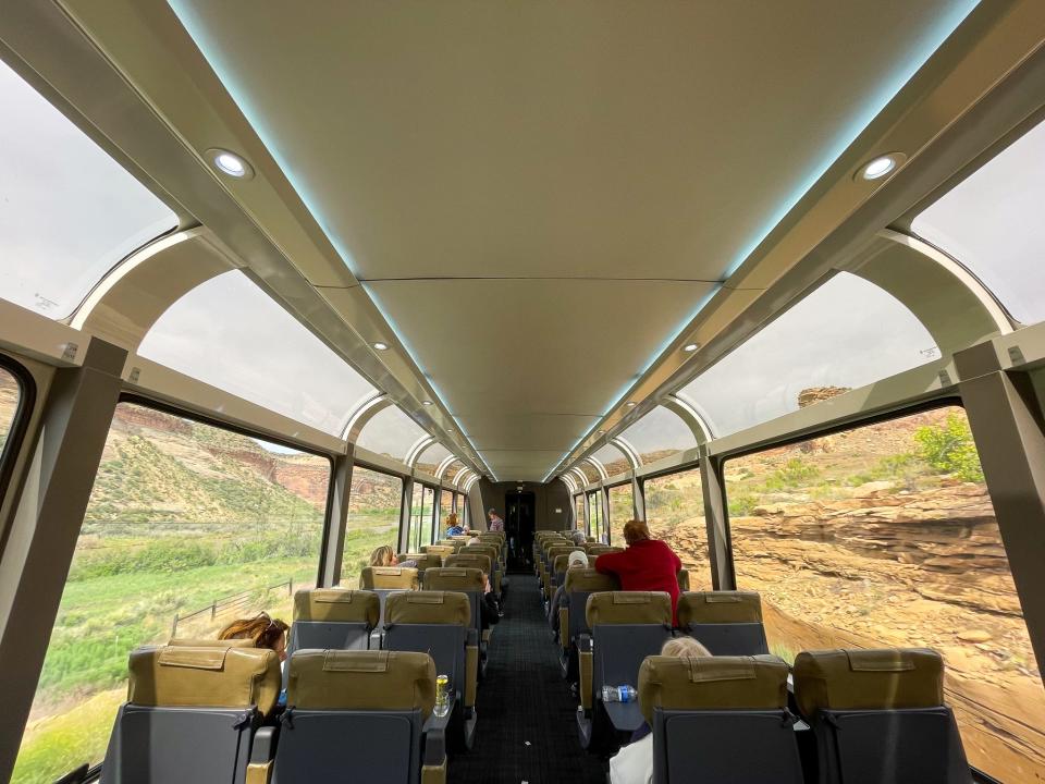 The interior of a standard-class train car on the Rocky Mountaineer.