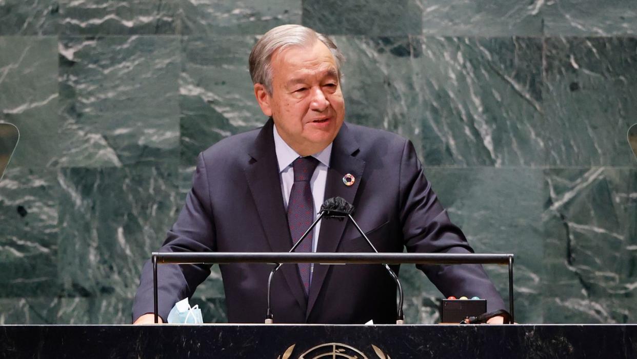 Antonio Guterres, UN-Generalsekretär, spricht auf der 76. Sitzung der Generalversammlung der Vereinten Nationen. Die Vollversammlung mit etwa 80 Staats- und Regierungschefs startet am Dienstag offiziell.