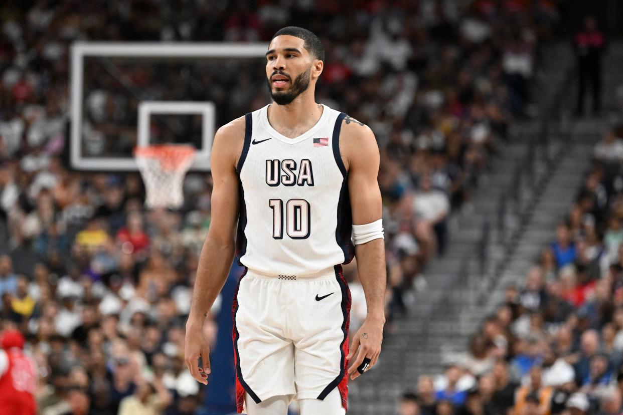 Jul 10, 2024; Las Vegas, Nevada, USA; USA forward Jayson Tatum (10) looks on in the third quarter against Canada in the USA Basketball Showcase at T-Mobile Arena. Mandatory Credit: Candice Ward-USA TODAY Sports