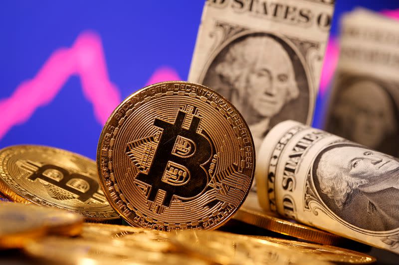 FILE PHOTO: A representation of virtual currency Bitcoin and U.S. One Dollar banknotes are seen in front of a stock graph in this illustration