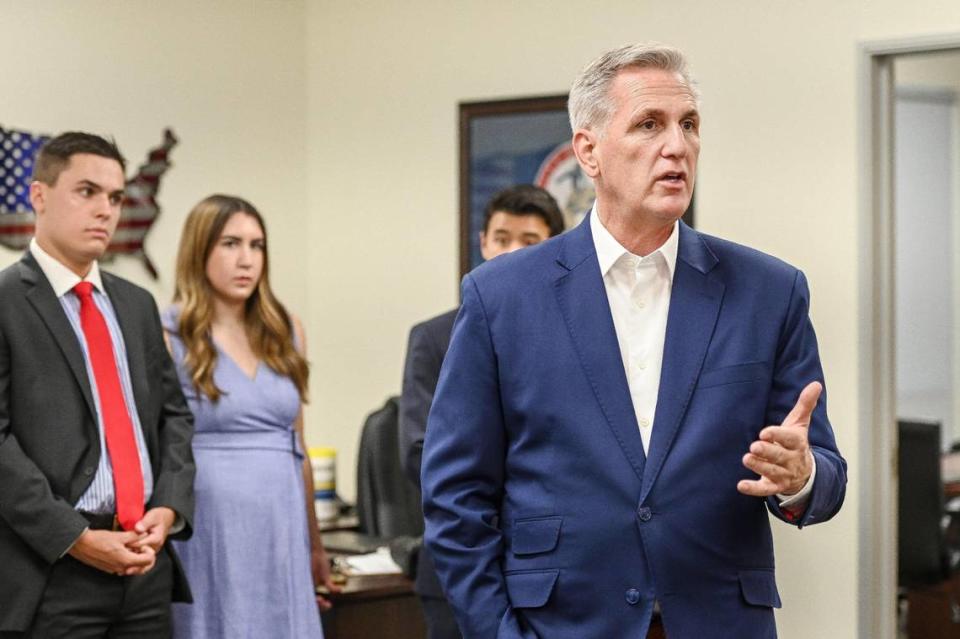 U.S. Congressman and Speaker of the House Kevin McCarthy talks to local leaders and VIPs during a meet-and-greet at the speaker’s Clovis office on Thursday, Aug. 3, 3023.