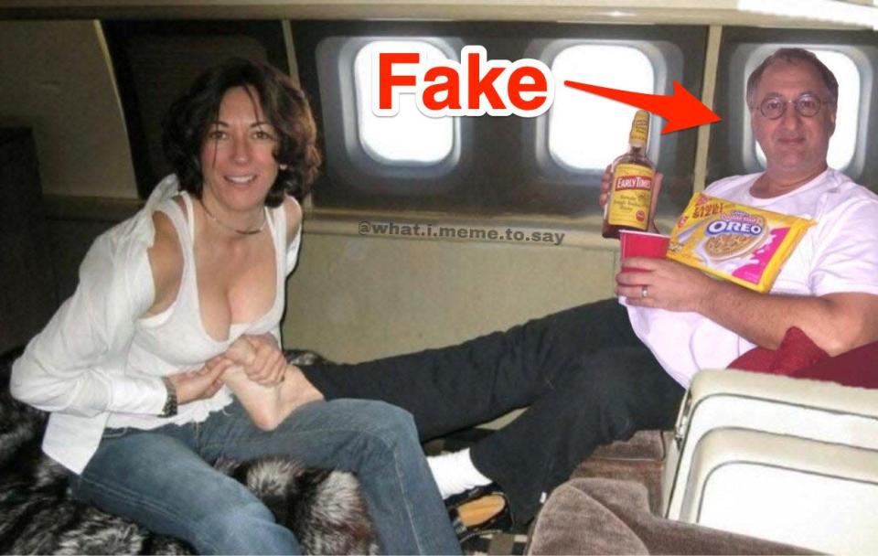 A digitally altered photo of Jeffrey Epstein and Ghislaine Maxwell that replaced Epstein's body with the judge who approved Trump's search warrant