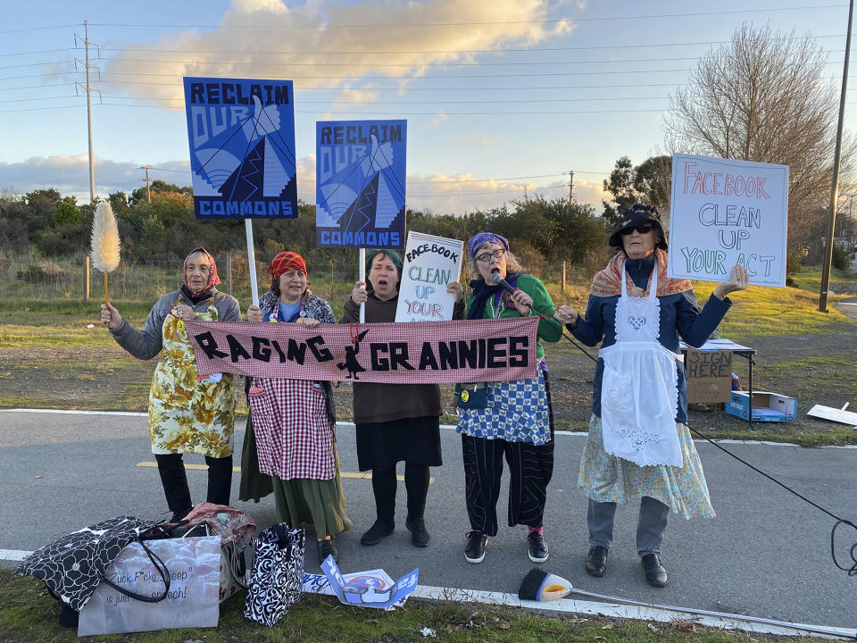 Protesters across the street from Facebook's headquarters in Menlo Park demonstrate in Jan. 2019 against the company's refusal to ban or fact-check political ads during the 2020 election.