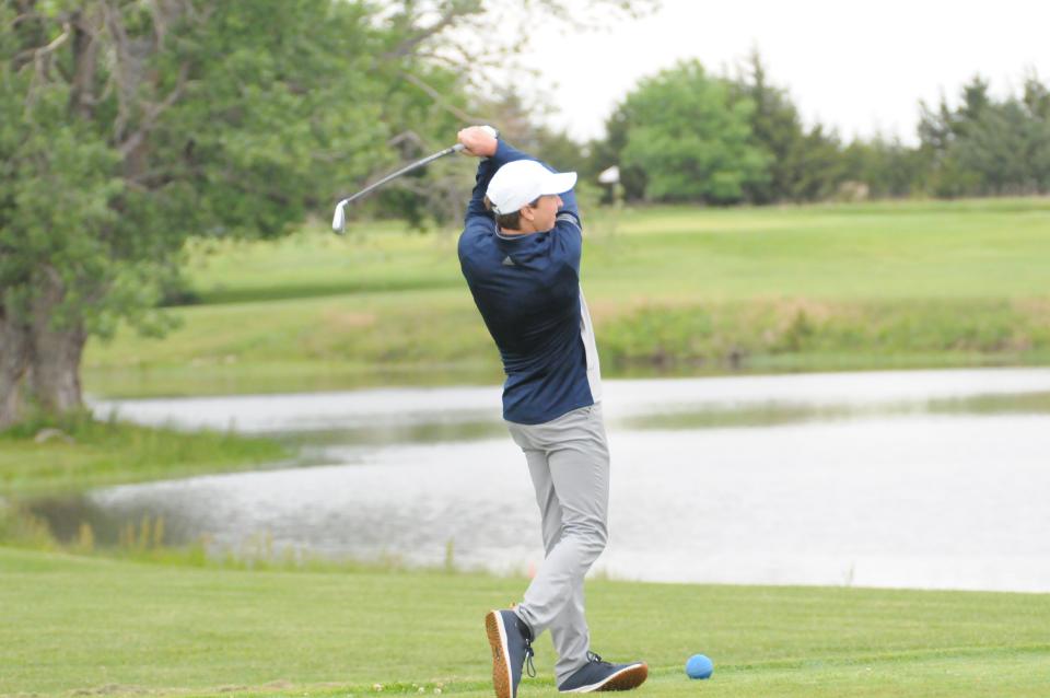 Sacred Heart's Max Ehrlich tees off during the Class 2A state golf championships Monday, May 23, 2022, at Emporia Municipal Golf Course.