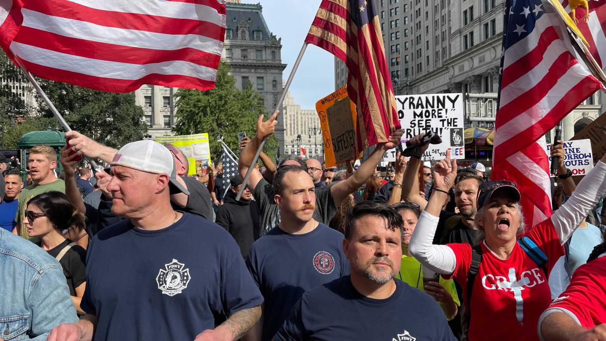 Anti-vaccine mandate protesters outside City Hall in lower Manhattan, New York on Monday, Oct. 25, 2021.