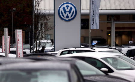 Volkswagen cars are parked outside a VW dealership in London, Britain, in this November 5, 2015 file picture. REUTERS/Suzanne Plunkett/Files