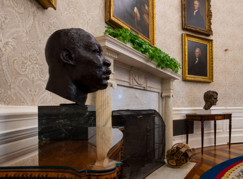 A sculpted bust of Dr. Martin Luther King, Jr., adorns a table for an early preview of the redesigned Oval Office awaiting President Joseph Biden at the White House in Washington, DC. (Photo by Bill O’Leary/The Washington Post via Getty Images)