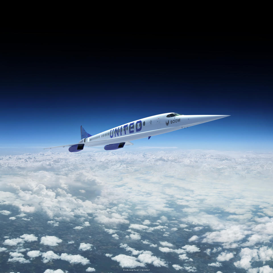 This photo provided by Boom Supersonic shows an artist’s rendition of United Airlines Boom Supersonic Overture jet. United said Thursday, June 3, 2021 that it reached a deal with startup aircraft maker Boom Supersonic to buy 15 of Boom's Overture jets. The planes haven't been built yet, but Boom says they will fly at 1.7 times the speed of sound, or around 1,300 mph. (Boom Supersonic via AP)