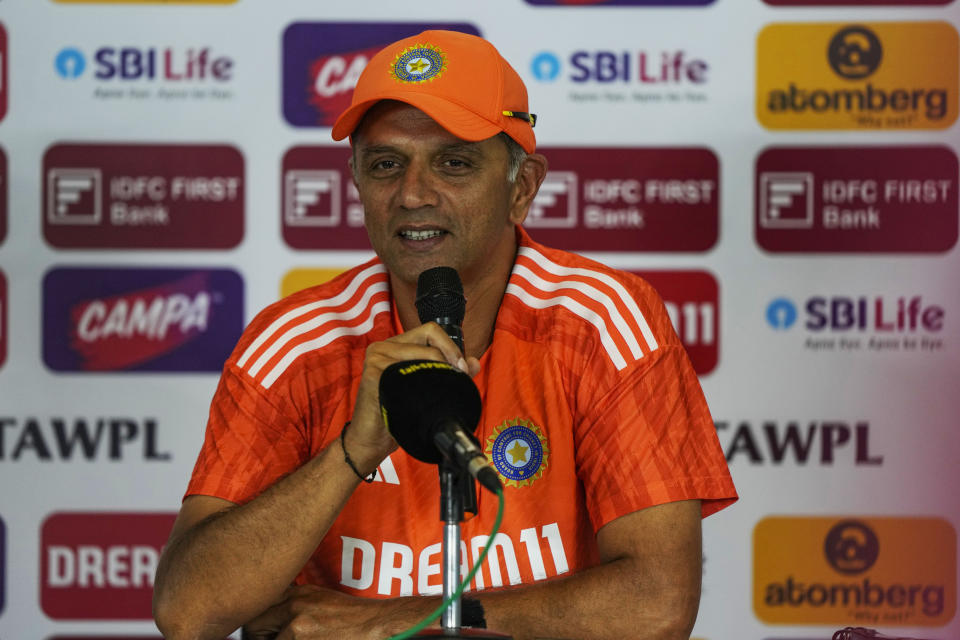 India's coach Rahul Dravid addresses the media ahead of their first cricket test match against England in Hyderabad, India, Tuesday, Jan. 23, 2024. (AP Photo/Mahesh Kumar A.)
