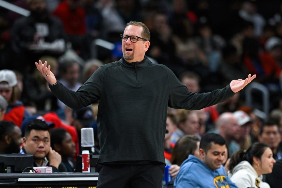 Toronto Raptors head coach Nick Nurse gestures during the first half of an NBA basketball game against the Washington Wizards, Saturday, March. 4, 2023, in Washington. (AP Photo/Terrance Williams)