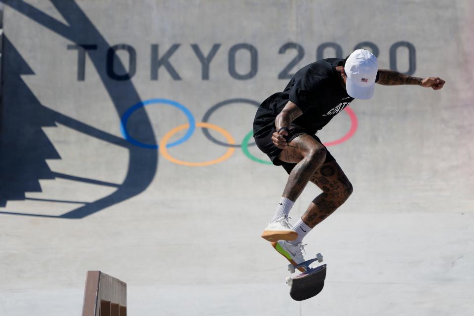 Nyjah Huston, of the United States, trains during a street skateboarding practice session at the 2020 Summer Olympics, Wednesday, July 21, 2021, in Tokyo, Japan.