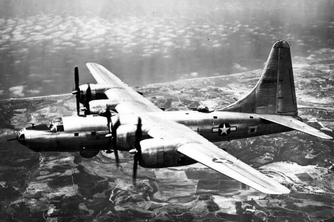 A B-32 in flight over Fort Worth. The B-32 was the last production plane produced at “Convair” in World War II.