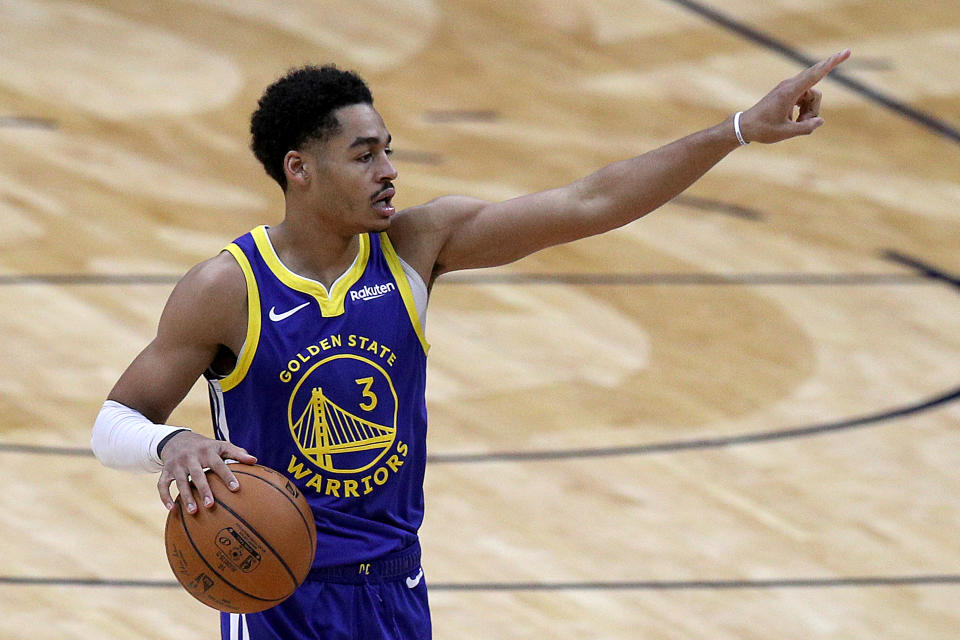 Jordan Poole #3 of the Golden State Warriors dribbles the ball down court during the second quarter of an NBA game against the New Orleans Pelicans at Smoothie King Center on May 04, 2021 in New Orleans, Louisiana. NOTE TO USER: User expressly acknowledges and agrees that, by downloading and or using this photograph, User is consenting to the terms and conditions of the Getty Images License Agreement. (Photo by Sean Gardner/Getty Images)