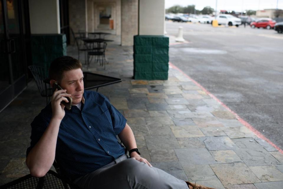 Beaumont, Texas: David Covey talks on the phone in Beaumont on Friday, Jan 26, 2024. Covey is running against House Speaker Dade Phelan in the Republican primary.