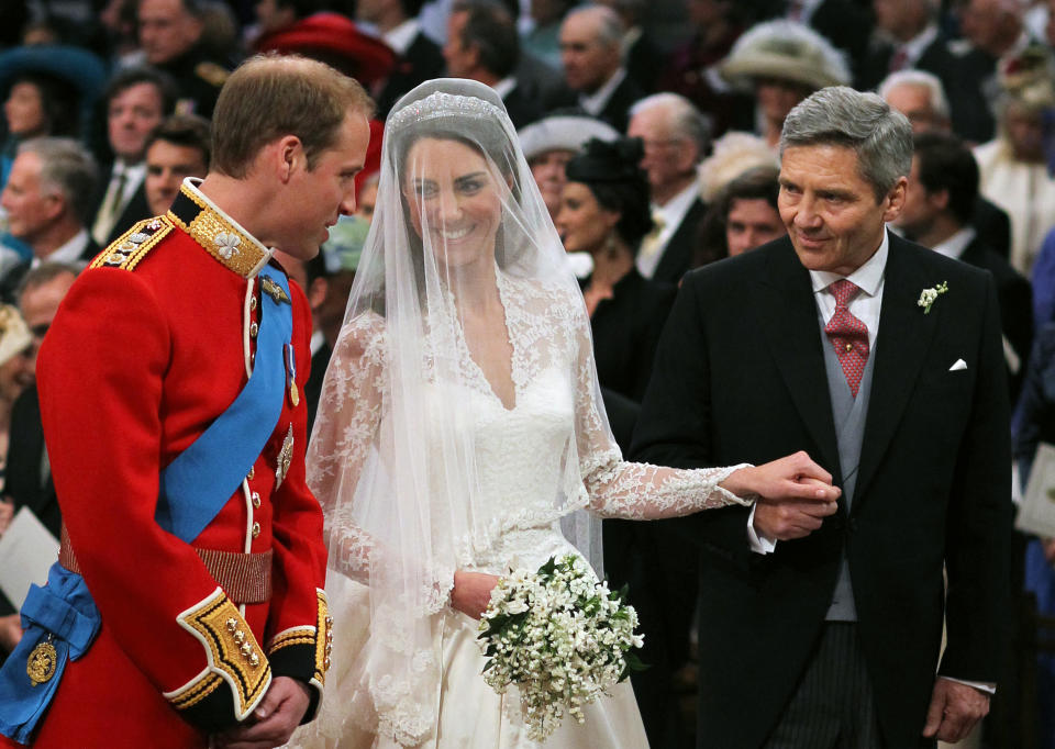 ALTERNATIVE CROP. Prince William and Kate Middleton with her father Michael Middleton at Westminster Abbey, London.   (Photo by Dominic Lipinski/PA Images via Getty Images)