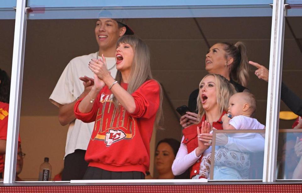 Taylor Swift was on hand to watch the Kansas City Chiefs and the Los Angeles Chargers on Sunday, Oct. 22, 2023, at GEHA Field at Arrowhead Stadium.