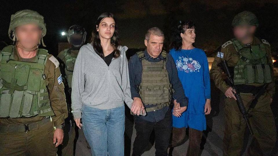 PHOTO: Chicago-area residents Judith Tai Raanan and her daughter Natalie Shoshana Raanan are escorted by Gal Hirsch, Prime Minister Benjamin Netanyahu's appointed hostage negotiator, after being freed from Gaza and arriving in Israel, Oct. 20, 2023. (Israeli PM Office)
