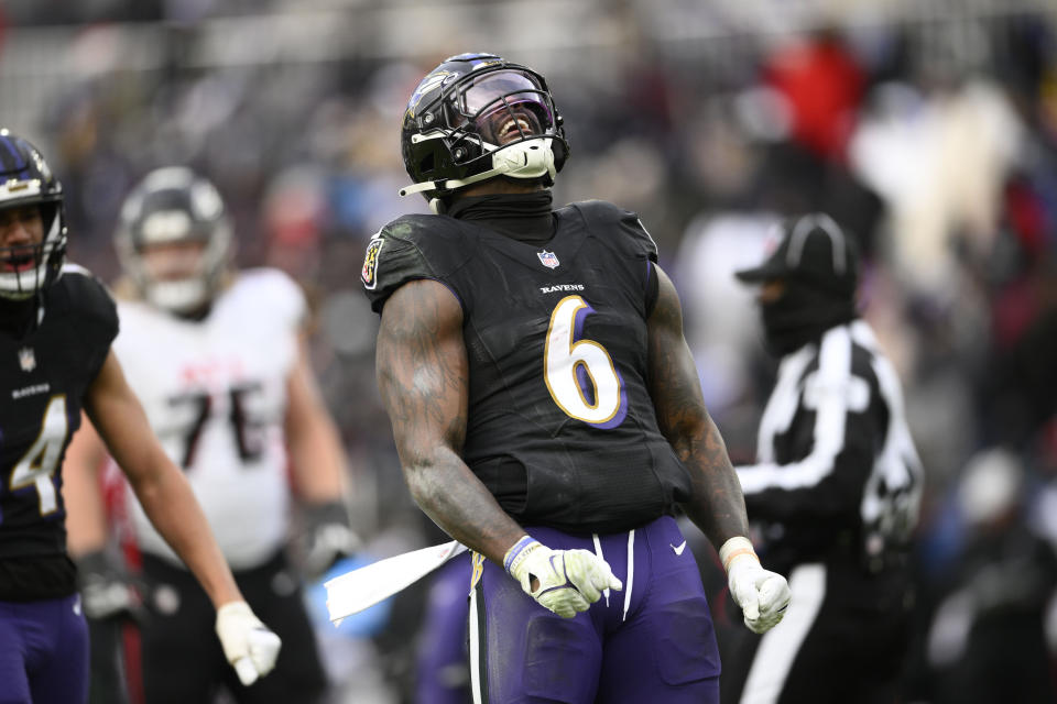 Baltimore Ravens linebacker Patrick Queen (6) celebrates a defensive stop during the second half of an NFL football game against the Atlanta Falcons, Saturday, Dec. 24, 2022, in Baltimore. (AP Photo/Nick Wass)