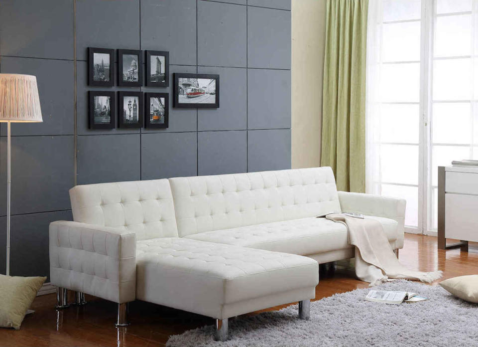 <body> <p>How many sofa beds can convert into not one bed, but two? Meet the double-duty couch that does just that. Both halves of this <a rel="nofollow noopener" href=" http://www.bellacor.com/productdetail/the-hom-4111bwt-marsden-white-tufted-bi-cast-leather-2-piece-sectional-sofa-bed-1626584.htm" target="_blank" data-ylk="slk:Marsden two-piece sectional;elm:context_link;itc:0;sec:content-canvas" class="link ">Marsden two-piece sectional</a> fold out to become luxurious sleepers for overnight guests. Unlike traditional sofa beds, this sectional does not contain an inner mattress and metal bed frame, making it lighter and easier to move than other models. <em>Available at <a rel="nofollow noopener" href=" http://www.bellacor.com/productdetail/the-hom-4111bwt-marsden-white-tufted-bi-cast-leather-2-piece-sectional-sofa-bed-1626584.htm" target="_blank" data-ylk="slk:Bellacor;elm:context_link;itc:0;sec:content-canvas" class="link ">Bellacor</a>; $955</em>.</p> <p><strong>Related: <a rel="nofollow noopener" href=" http://www.bobvila.com/slideshow/reinvent-your-furniture-with-9-colorful-diys-48718?#.V7YG-ZMrKRs?bv=yahoo" target="_blank" data-ylk="slk:Reinvent Your Furniture with 9 Colorful DIYs;elm:context_link;itc:0;sec:content-canvas" class="link ">Reinvent Your Furniture with 9 Colorful DIYs</a> </strong> </p> </body>