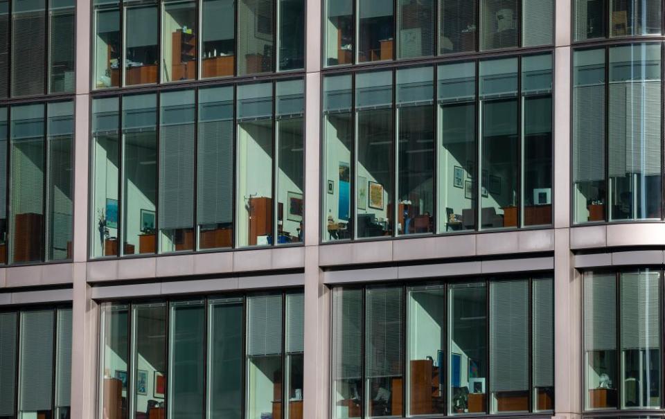 Empty offices in Canary Wharf, London, last week