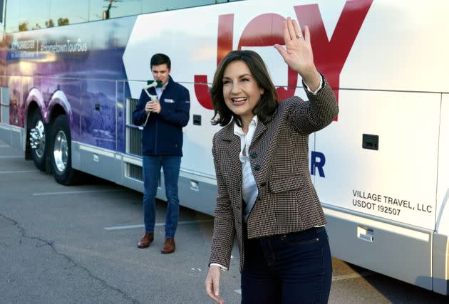 Joy Hofmeister, the Democratic candidate for governor in Oklahoma, waves during her Hometown Bus Tour on Tuesday. (Photo: via Associated Press)