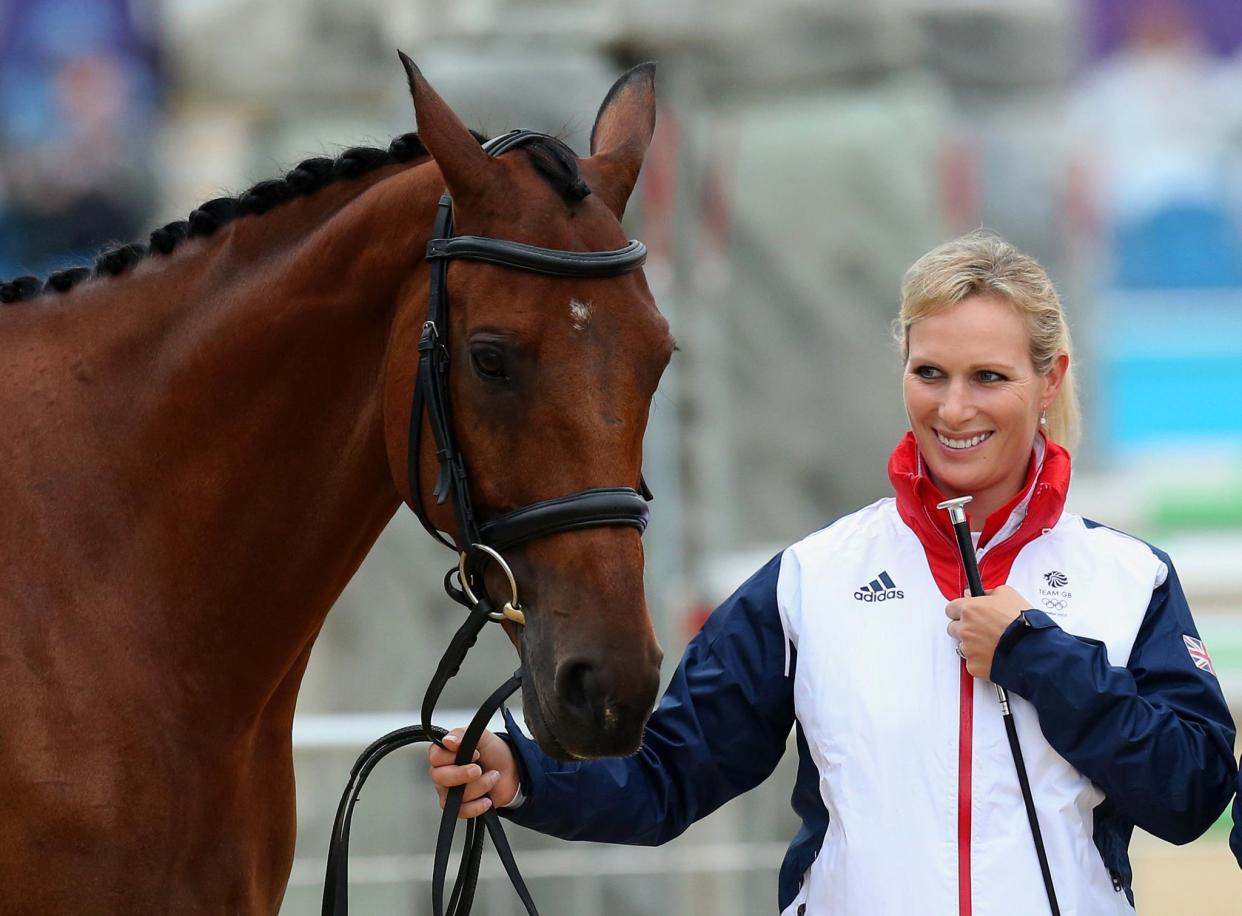 Zara Tindall with her horse, High Kingdom, during the Horse Inspection before the Team Eventing Jumping Final at the London Olympic Games. (PA Images)